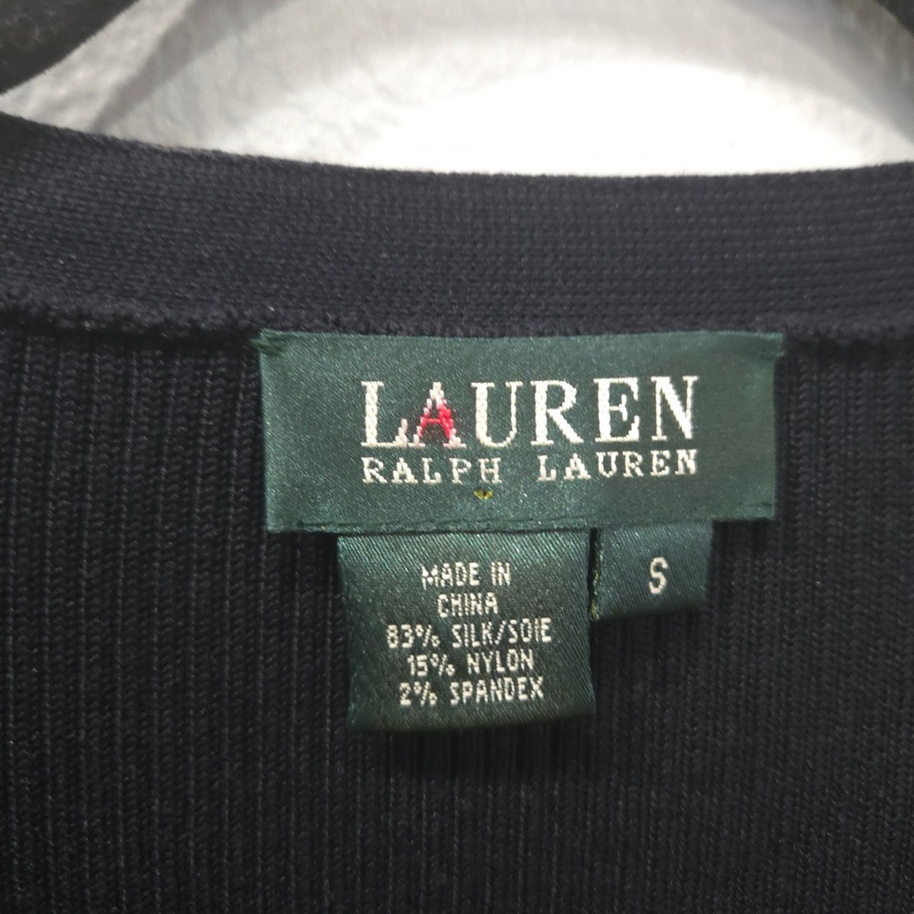 Lauren Ralph Lauren Cardigan Dress S Womens Navy Blue Silk Blend Ribbed V-Neck - Picture 7 of 7